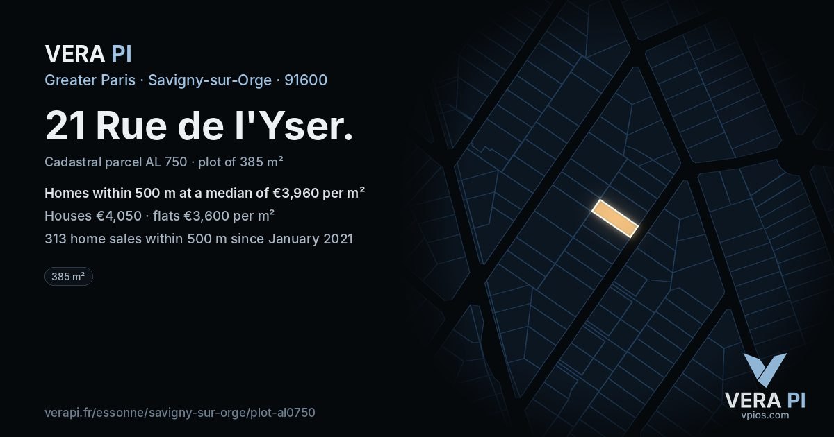 21 Rue de l'Yser, Savigny-sur-Orge at night – the plot lit, the parcels around coloured by the prices near them