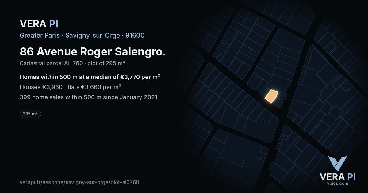 86 Avenue Roger Salengro, Savigny-sur-Orge at night – the plot lit, the parcels around coloured by the prices near them