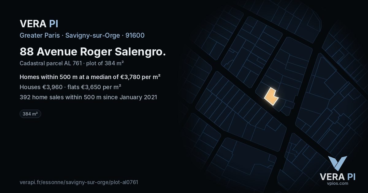 88 Avenue Roger Salengro, Savigny-sur-Orge at night – the plot lit, the parcels around coloured by the prices near them
