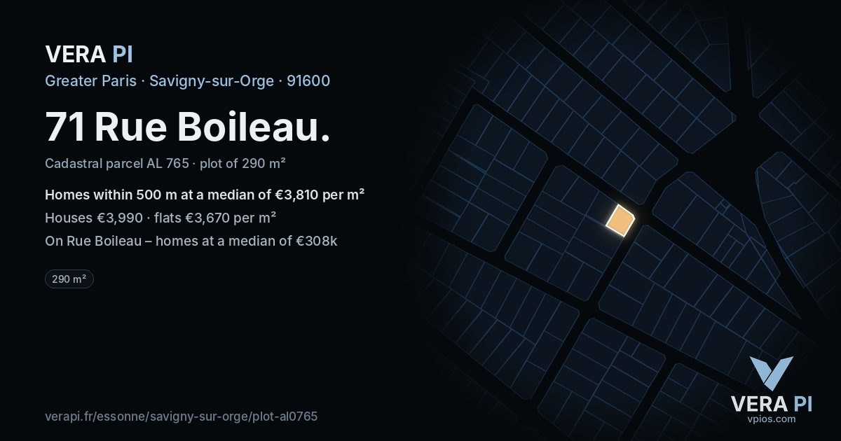 71 Rue Boileau, Savigny-sur-Orge at night – the plot lit, the parcels around coloured by the prices near them