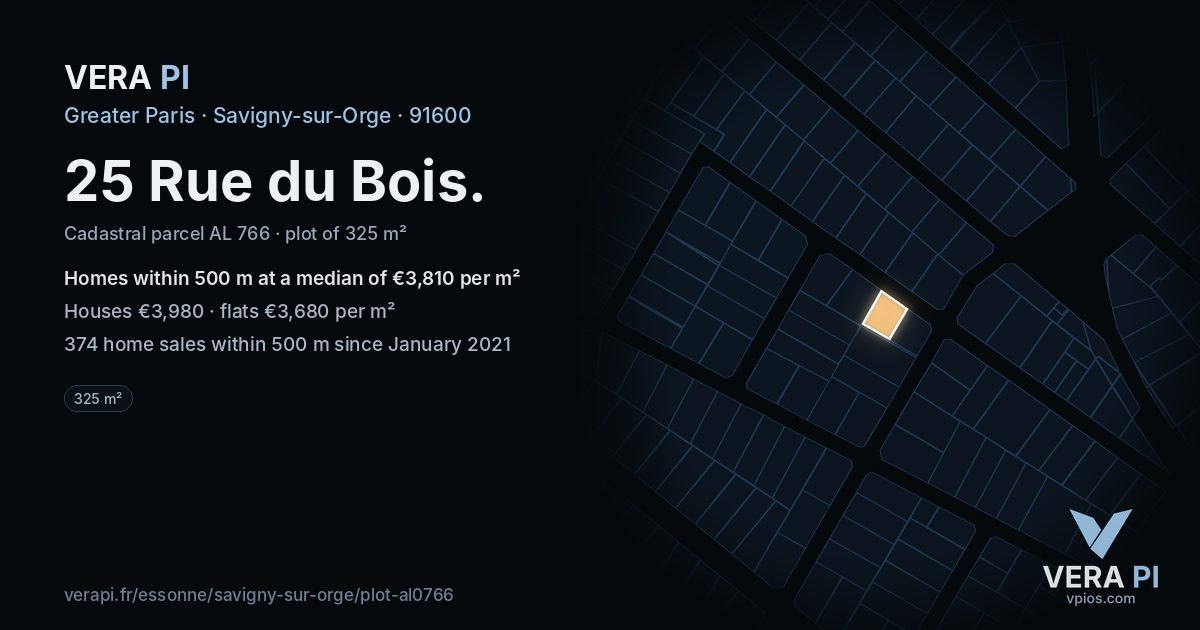 25 Rue du Bois, Savigny-sur-Orge at night – the plot lit, the parcels around coloured by the prices near them