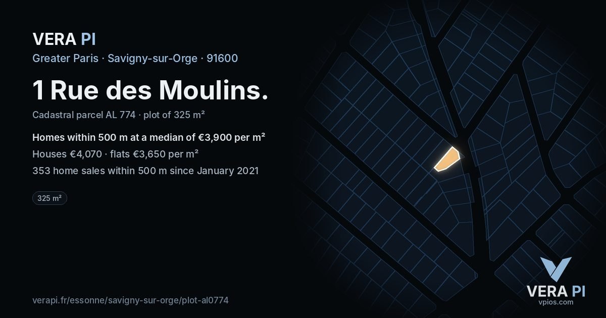 1 Rue des Moulins, Savigny-sur-Orge at night – the plot lit, the parcels around coloured by the prices near them