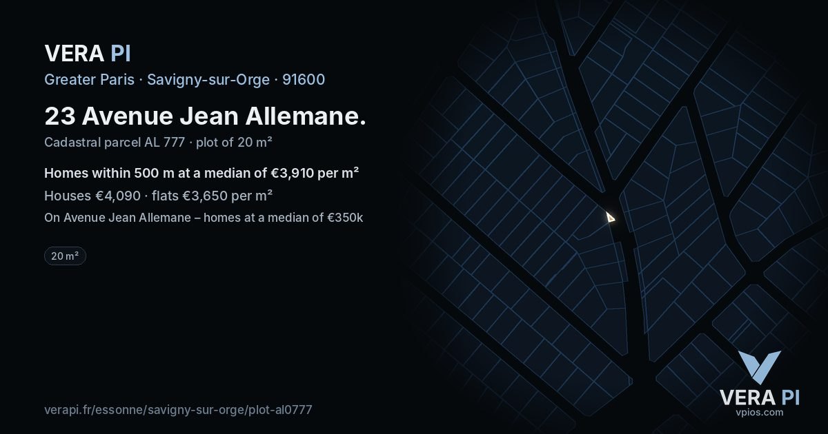 23 Avenue Jean Allemane, Savigny-sur-Orge at night – the plot lit, the parcels around coloured by the prices near them