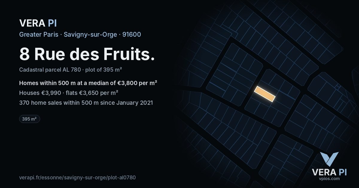 8 Rue des Fruits, Savigny-sur-Orge at night – the plot lit, the parcels around coloured by the prices near them