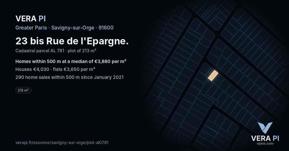 23 bis Rue de l'Epargne, Savigny-sur-Orge at night – the plot lit, the parcels around coloured by the prices near them