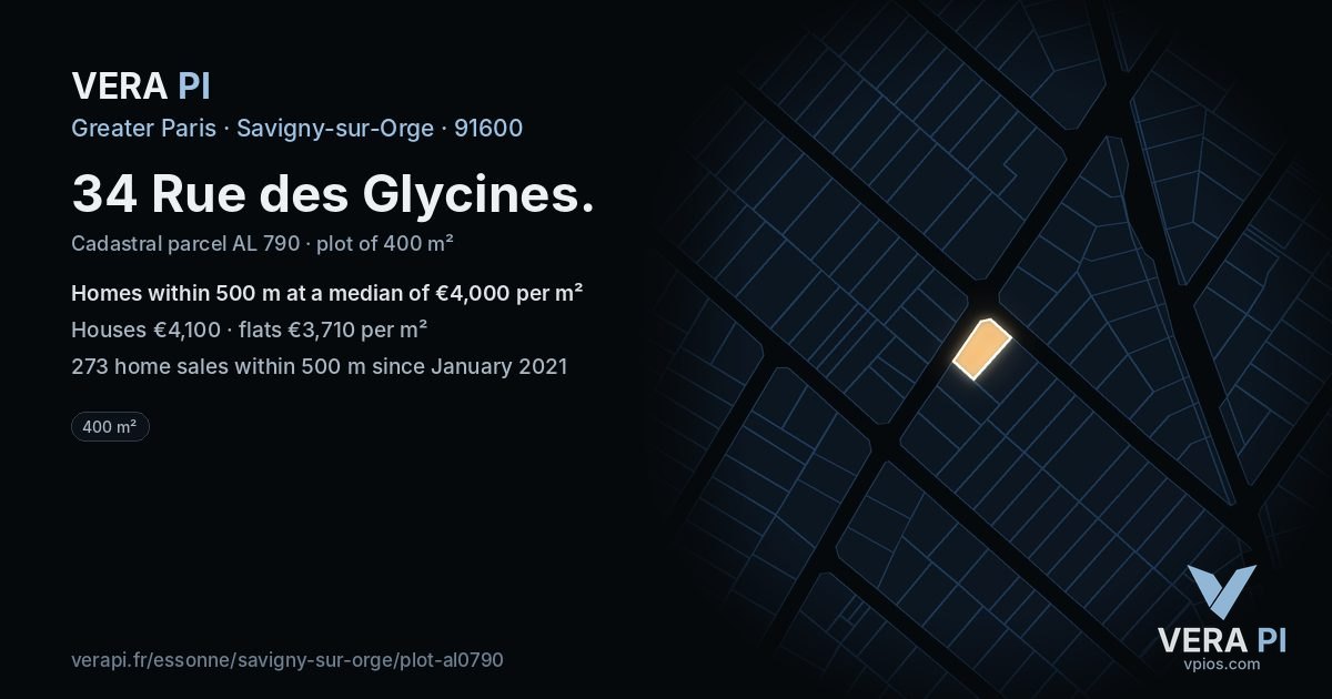 34 Rue des Glycines, Savigny-sur-Orge at night – the plot lit, the parcels around coloured by the prices near them
