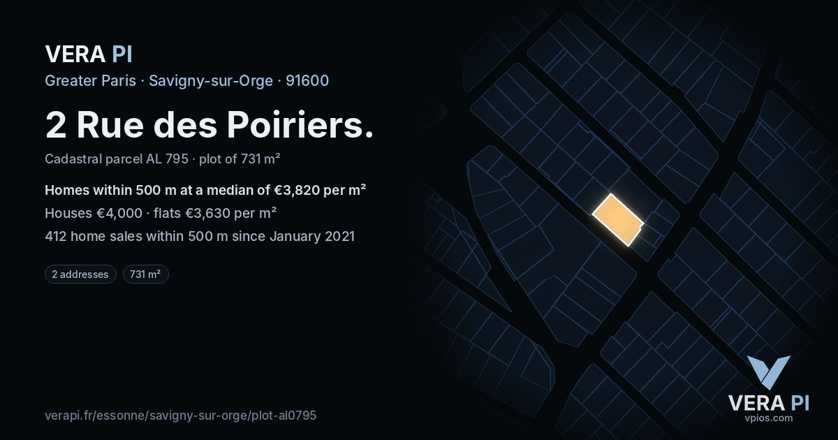 2 Rue des Poiriers, Savigny-sur-Orge at night – the plot lit, the parcels around coloured by the prices near them