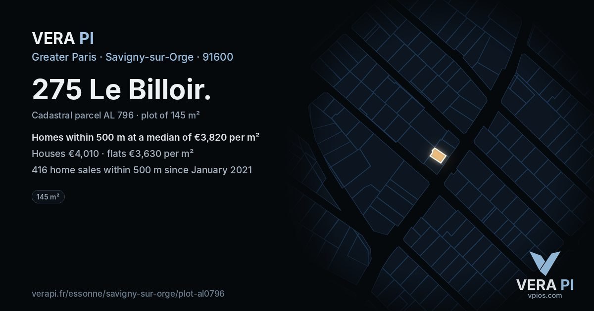 275 Le Billoir, Savigny-sur-Orge at night – the plot lit, the parcels around coloured by the prices near them