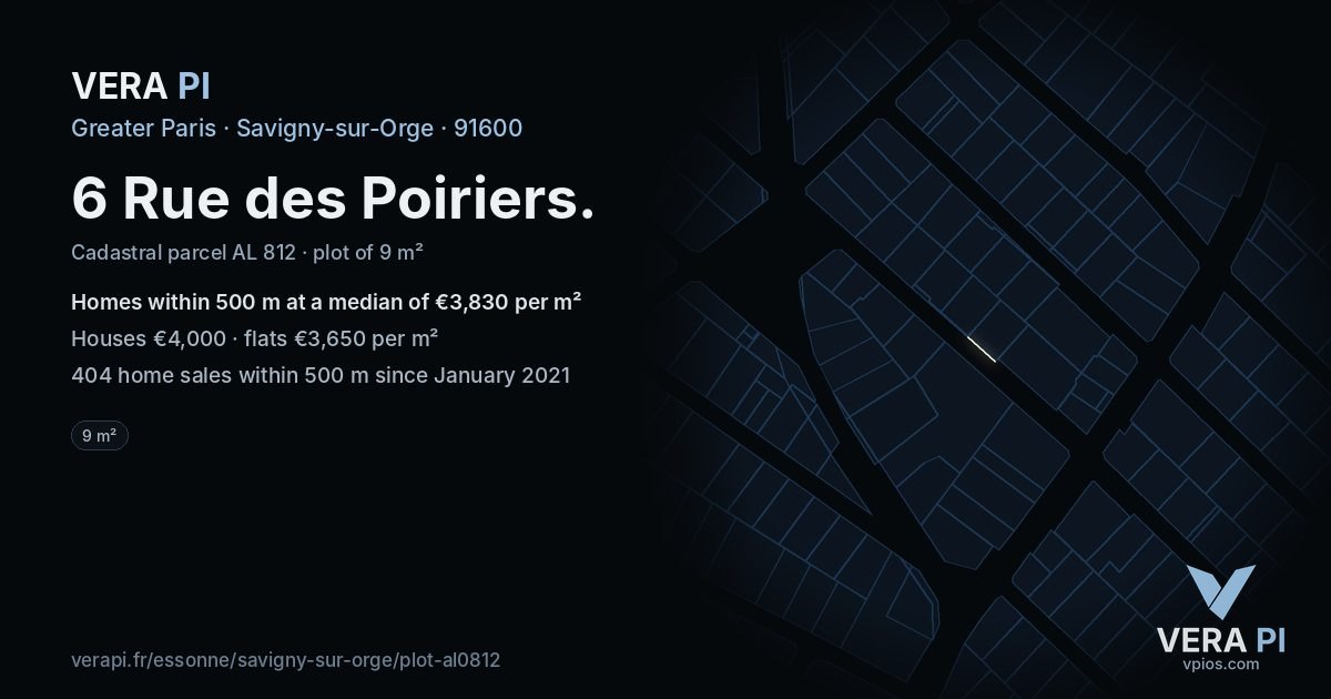 6 Rue des Poiriers, Savigny-sur-Orge at night – the plot lit, the parcels around coloured by the prices near them