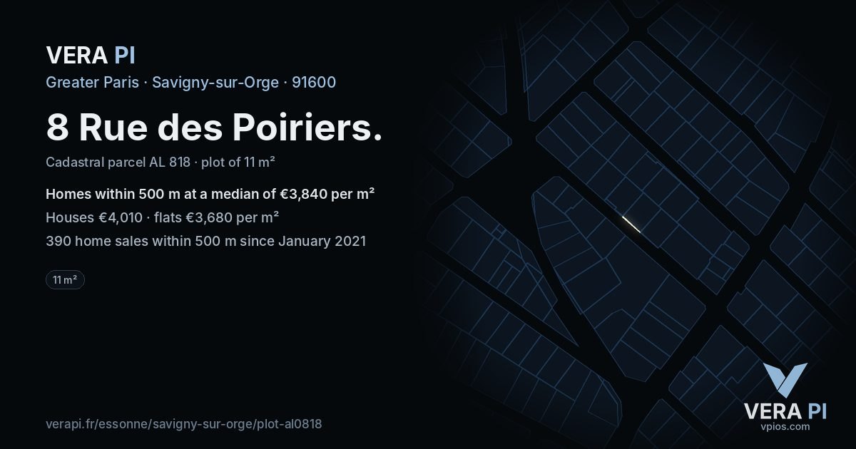 8 Rue des Poiriers, Savigny-sur-Orge at night – the plot lit, the parcels around coloured by the prices near them