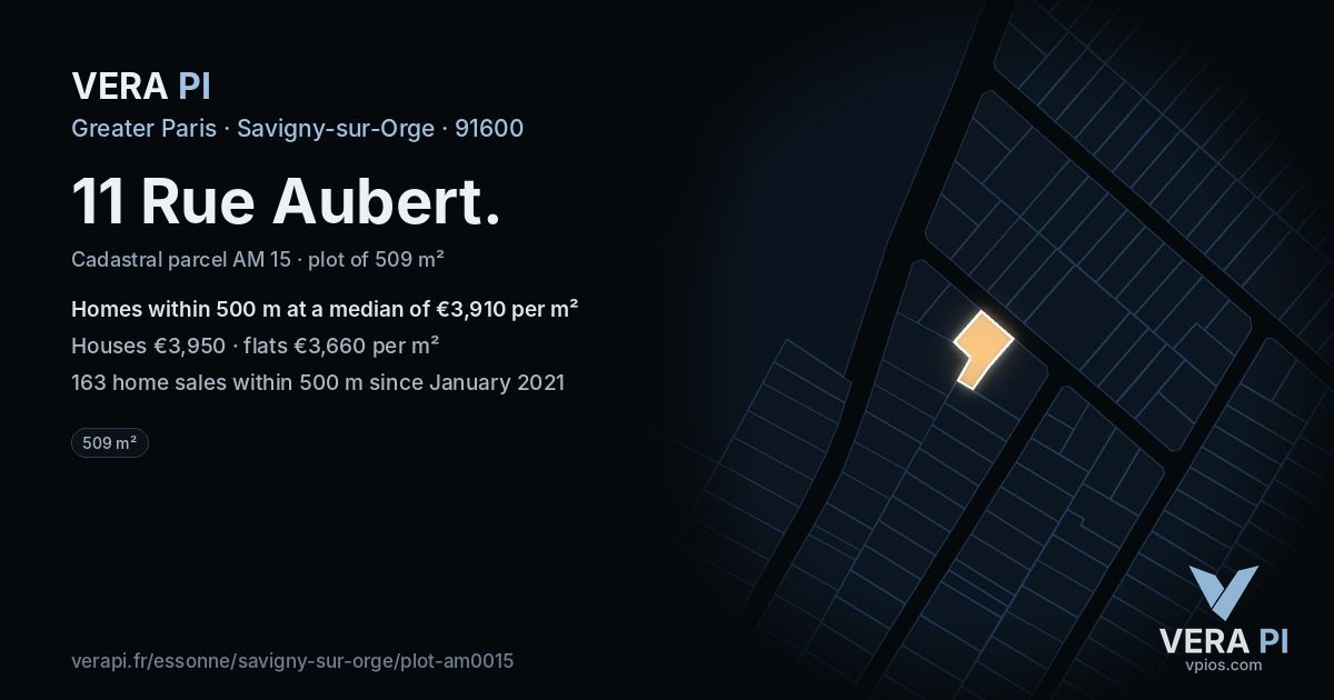 11 Rue Aubert, Savigny-sur-Orge at night – the plot lit, the parcels around coloured by the prices near them