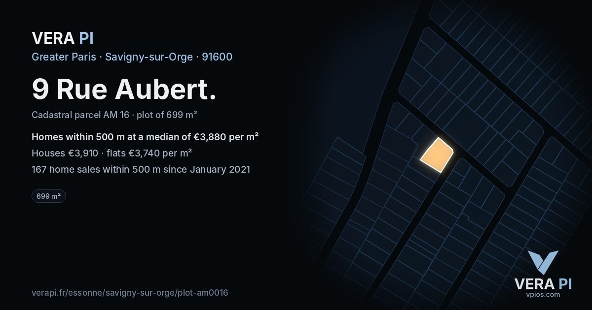 9 Rue Aubert, Savigny-sur-Orge at night – the plot lit, the parcels around coloured by the prices near them