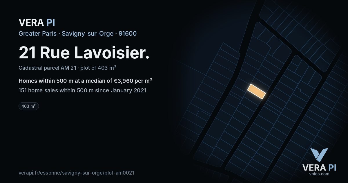 21 Rue Lavoisier, Savigny-sur-Orge at night – the plot lit, the parcels around coloured by the prices near them