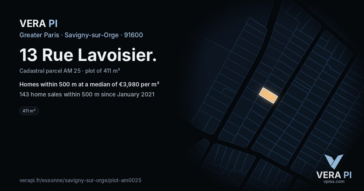 13 Rue Lavoisier, Savigny-sur-Orge at night – the plot lit, the parcels around coloured by the prices near them