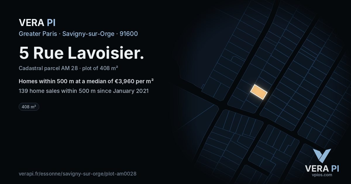 5 Rue Lavoisier, Savigny-sur-Orge at night – the plot lit, the parcels around coloured by the prices near them