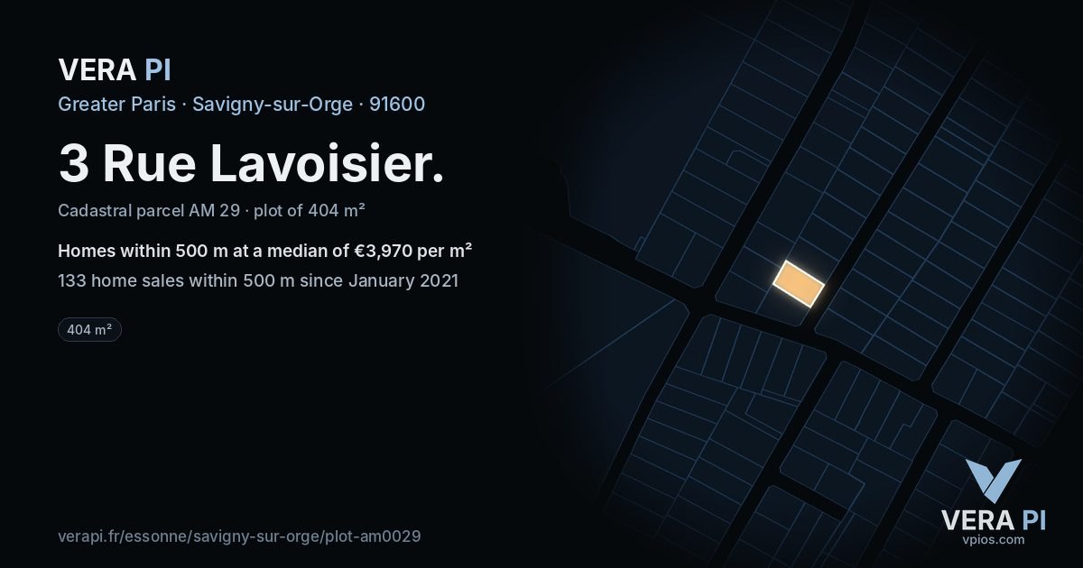3 Rue Lavoisier, Savigny-sur-Orge at night – the plot lit, the parcels around coloured by the prices near them