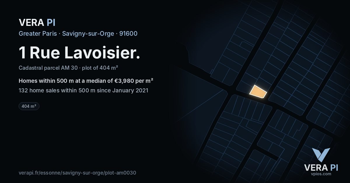 1 Rue Lavoisier, Savigny-sur-Orge at night – the plot lit, the parcels around coloured by the prices near them