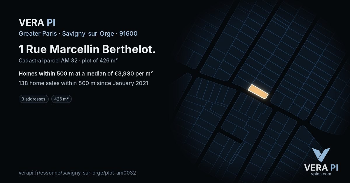 1 Rue Marcellin Berthelot, Savigny-sur-Orge at night – the plot lit, the parcels around coloured by the prices near them