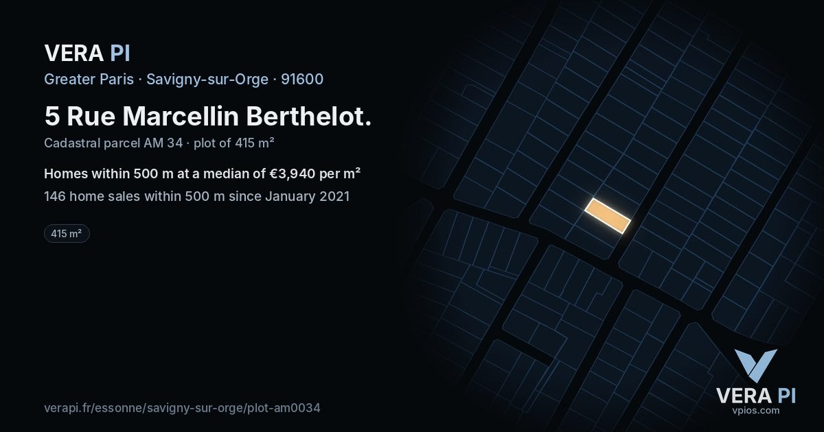 5 Rue Marcellin Berthelot, Savigny-sur-Orge at night – the plot lit, the parcels around coloured by the prices near them