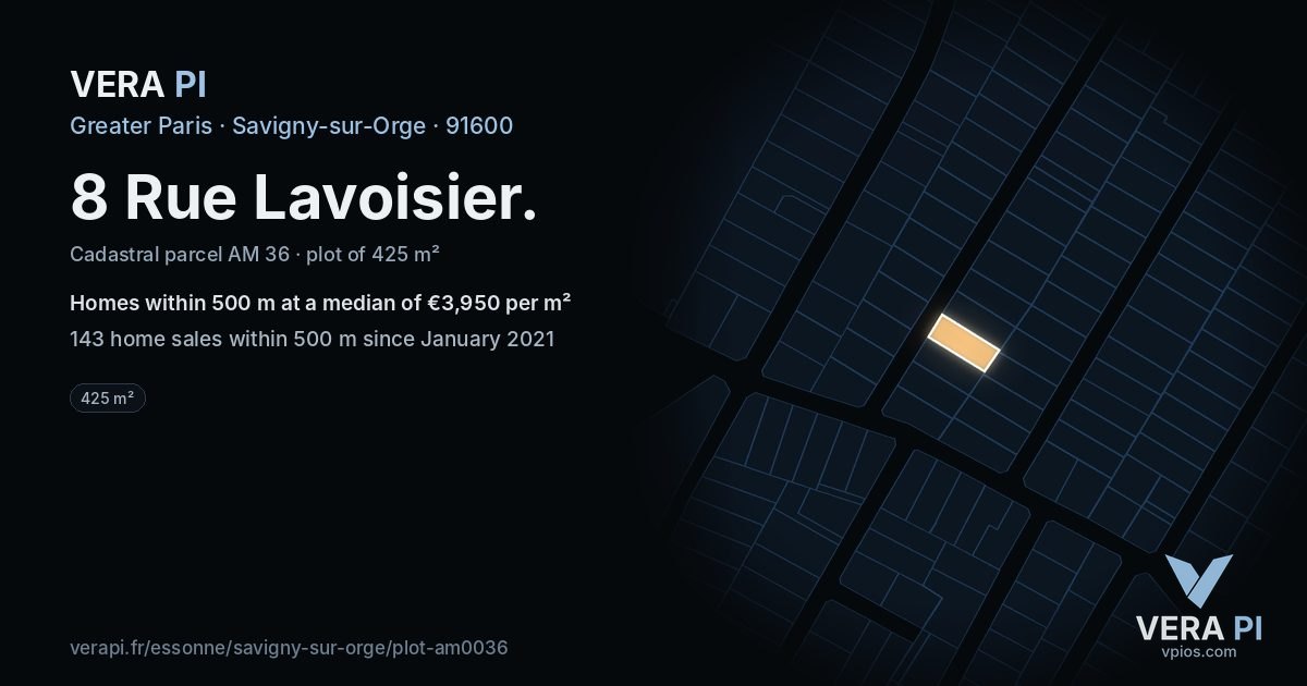 8 Rue Lavoisier, Savigny-sur-Orge at night – the plot lit, the parcels around coloured by the prices near them