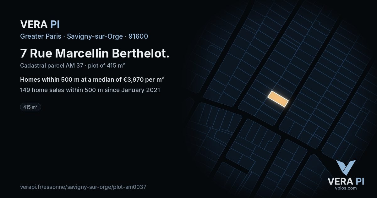 7 Rue Marcellin Berthelot, Savigny-sur-Orge at night – the plot lit, the parcels around coloured by the prices near them