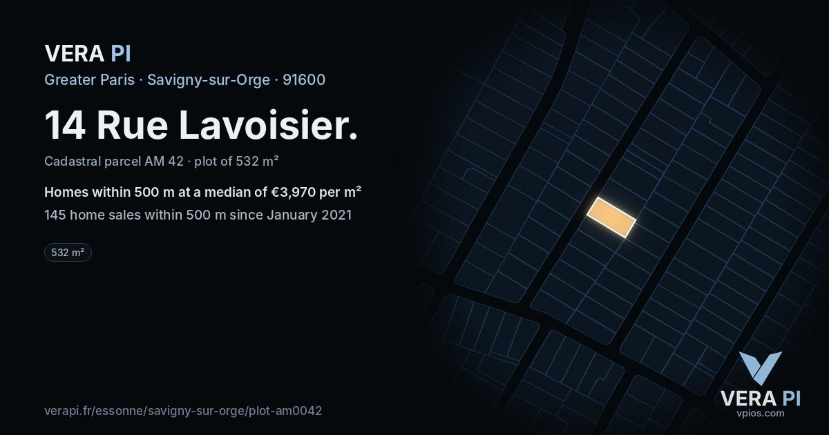 14 Rue Lavoisier, Savigny-sur-Orge at night – the plot lit, the parcels around coloured by the prices near them