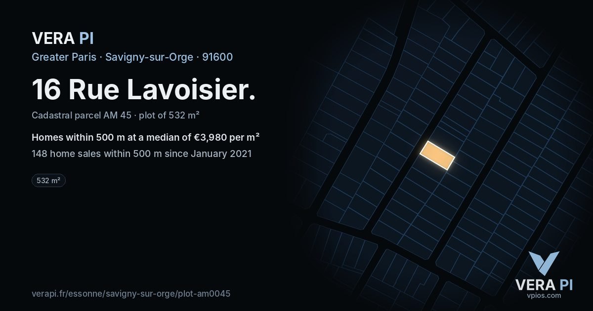 16 Rue Lavoisier, Savigny-sur-Orge at night – the plot lit, the parcels around coloured by the prices near them