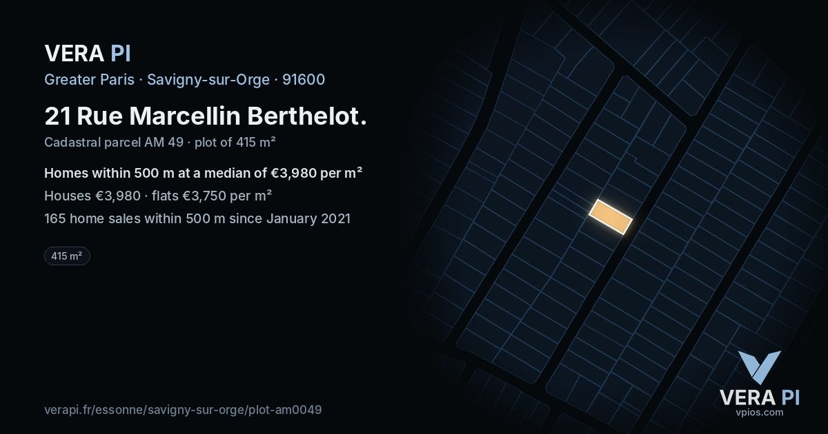 21 Rue Marcellin Berthelot, Savigny-sur-Orge at night – the plot lit, the parcels around coloured by the prices near them