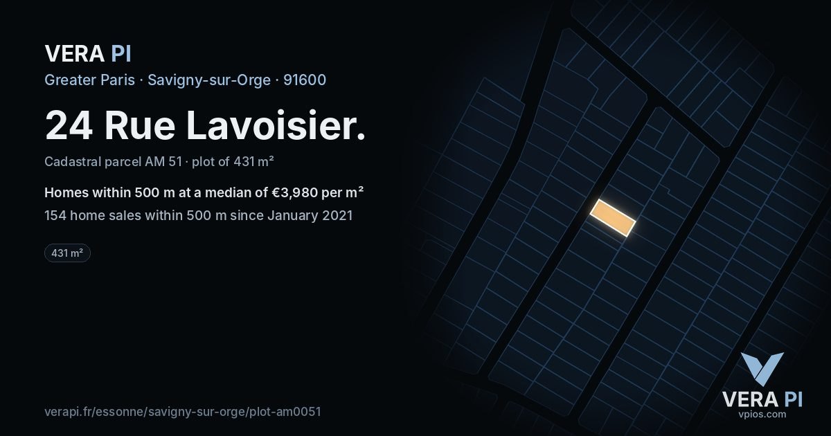 24 Rue Lavoisier, Savigny-sur-Orge at night – the plot lit, the parcels around coloured by the prices near them