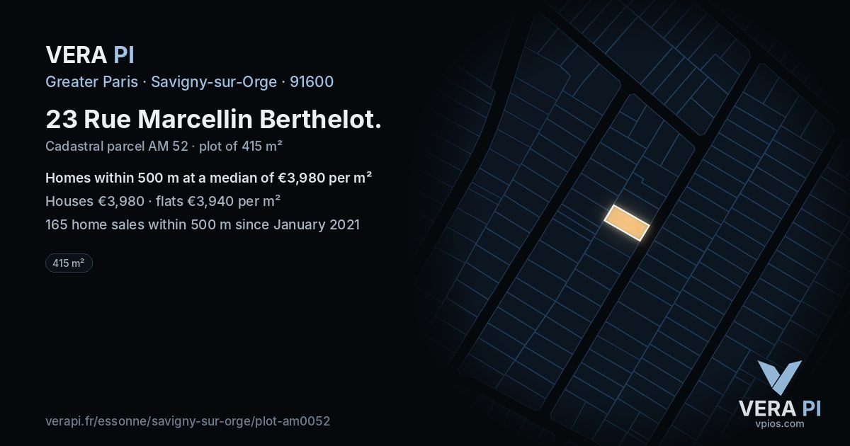 23 Rue Marcellin Berthelot, Savigny-sur-Orge at night – the plot lit, the parcels around coloured by the prices near them