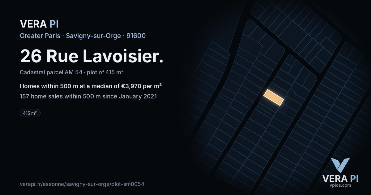 26 Rue Lavoisier, Savigny-sur-Orge at night – the plot lit, the parcels around coloured by the prices near them