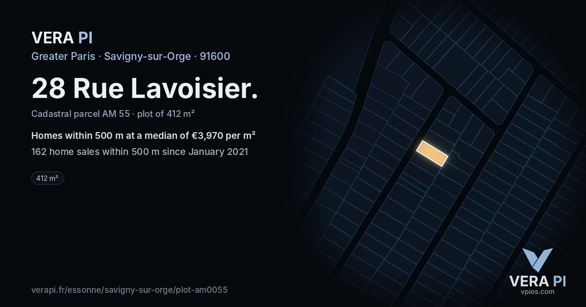 28 Rue Lavoisier, Savigny-sur-Orge at night – the plot lit, the parcels around coloured by the prices near them