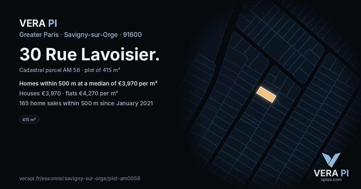 30 Rue Lavoisier, Savigny-sur-Orge at night – the plot lit, the parcels around coloured by the prices near them