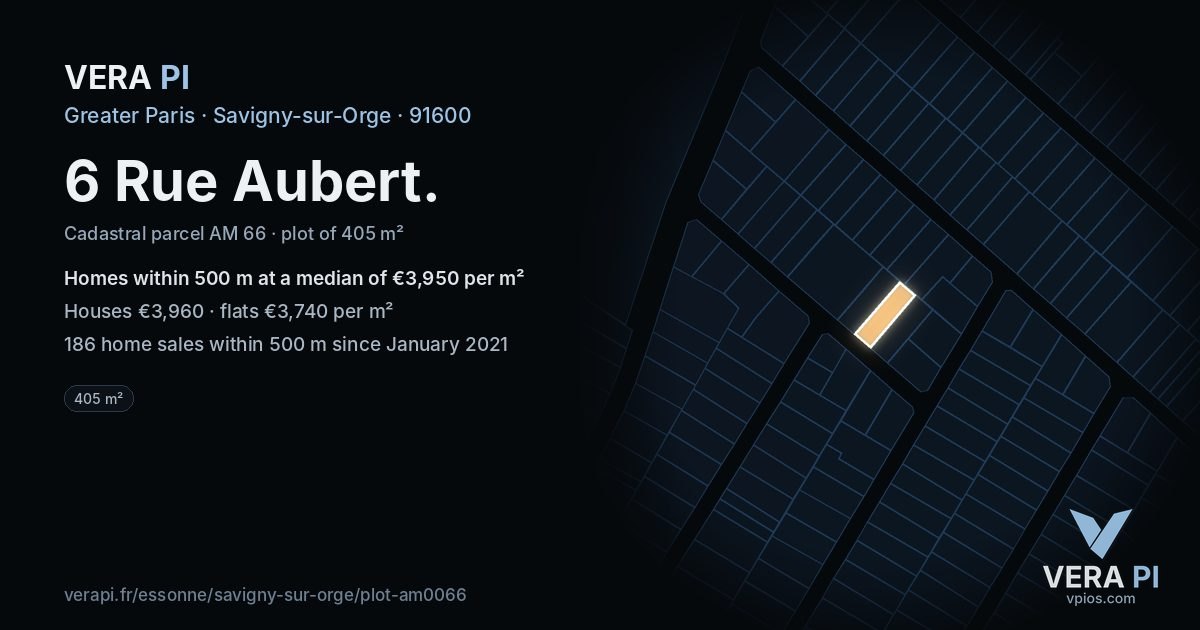 6 Rue Aubert, Savigny-sur-Orge at night – the plot lit, the parcels around coloured by the prices near them