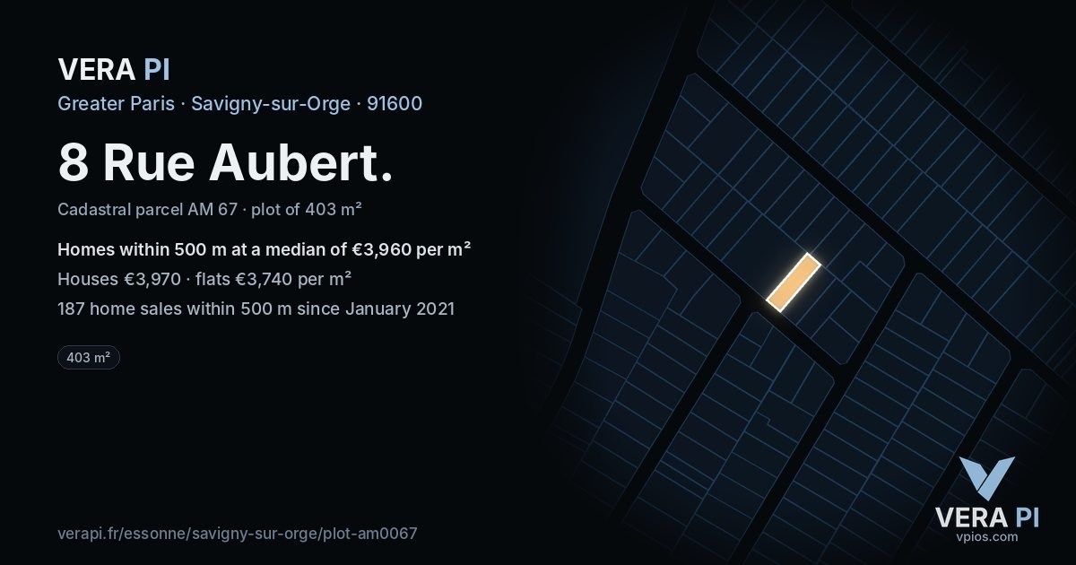 8 Rue Aubert, Savigny-sur-Orge at night – the plot lit, the parcels around coloured by the prices near them