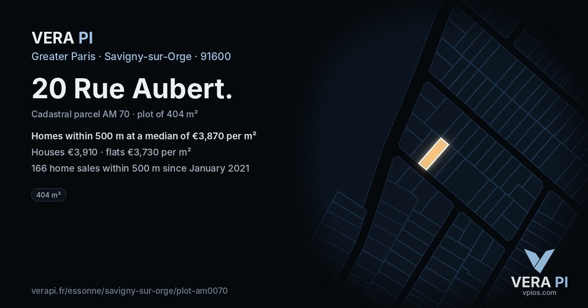 20 Rue Aubert, Savigny-sur-Orge at night – the plot lit, the parcels around coloured by the prices near them