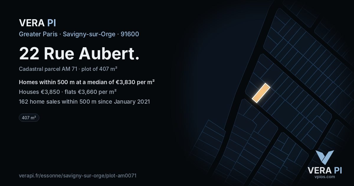 22 Rue Aubert, Savigny-sur-Orge at night – the plot lit, the parcels around coloured by the prices near them