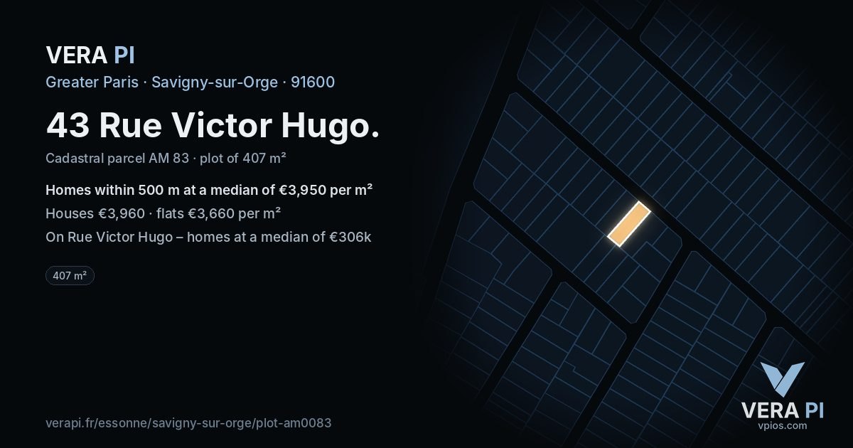 43 Rue Victor Hugo, Savigny-sur-Orge at night – the plot lit, the parcels around coloured by the prices near them