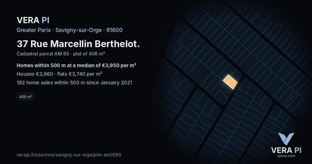 37 Rue Marcellin Berthelot, Savigny-sur-Orge at night – the plot lit, the parcels around coloured by the prices near them