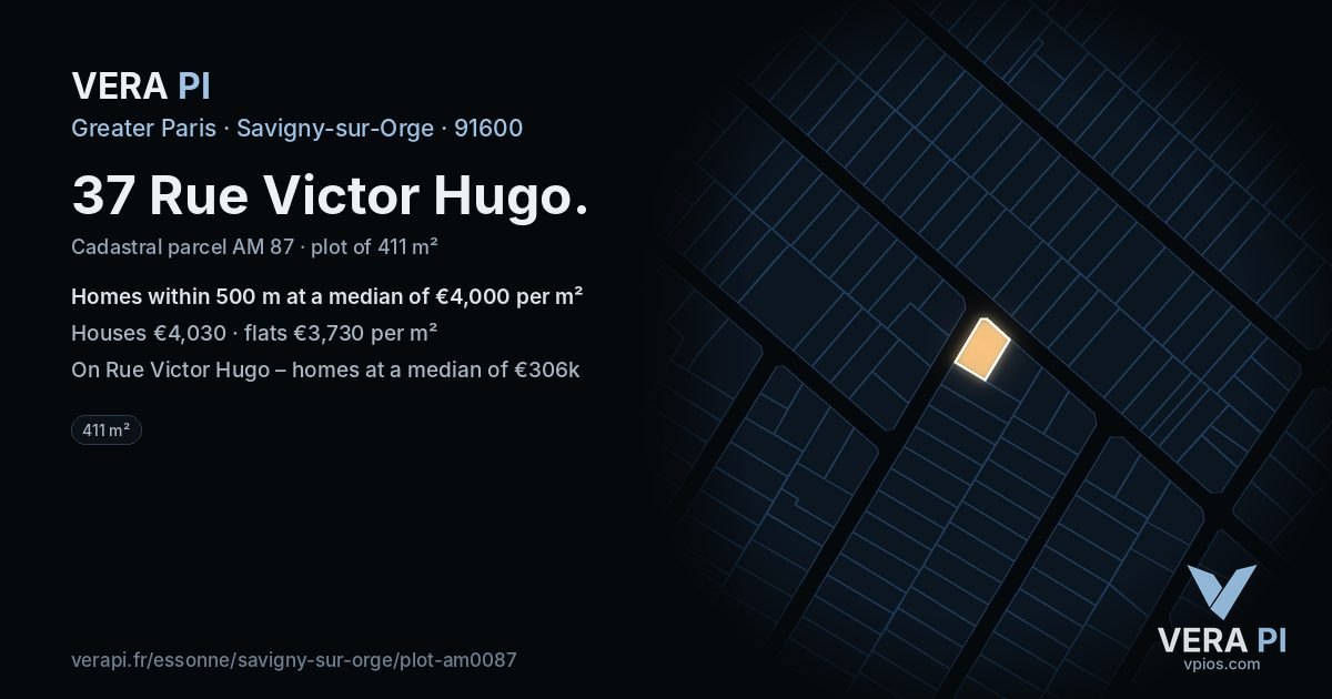 37 Rue Victor Hugo, Savigny-sur-Orge at night – the plot lit, the parcels around coloured by the prices near them