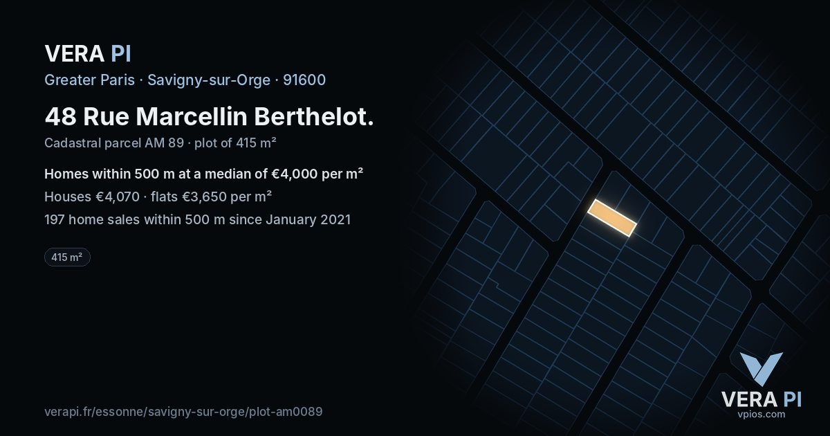 48 Rue Marcellin Berthelot, Savigny-sur-Orge at night – the plot lit, the parcels around coloured by the prices near them