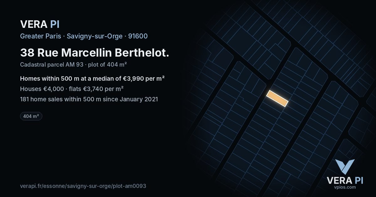38 Rue Marcellin Berthelot, Savigny-sur-Orge at night – the plot lit, the parcels around coloured by the prices near them
