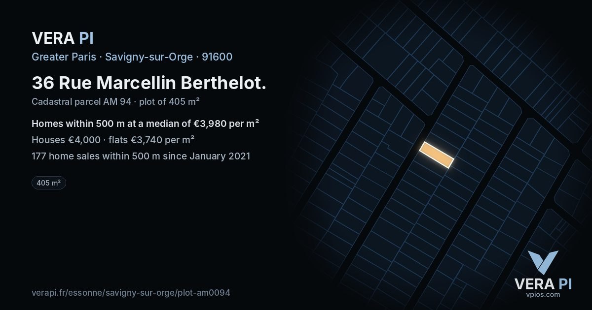 36 Rue Marcellin Berthelot, Savigny-sur-Orge at night – the plot lit, the parcels around coloured by the prices near them