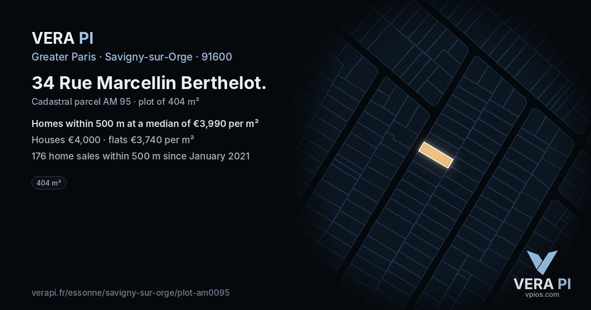 34 Rue Marcellin Berthelot, Savigny-sur-Orge at night – the plot lit, the parcels around coloured by the prices near them