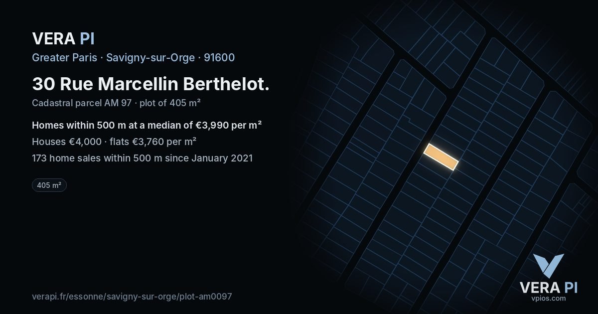 30 Rue Marcellin Berthelot, Savigny-sur-Orge at night – the plot lit, the parcels around coloured by the prices near them