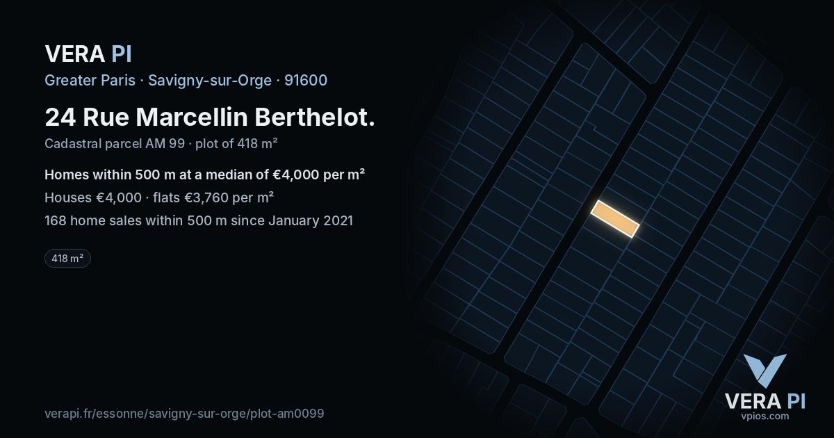 24 Rue Marcellin Berthelot, Savigny-sur-Orge at night – the plot lit, the parcels around coloured by the prices near them