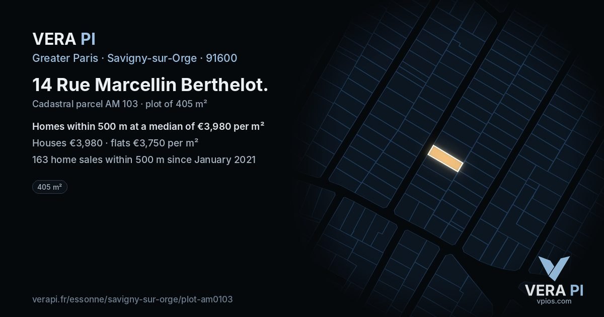 14 Rue Marcellin Berthelot, Savigny-sur-Orge at night – the plot lit, the parcels around coloured by the prices near them