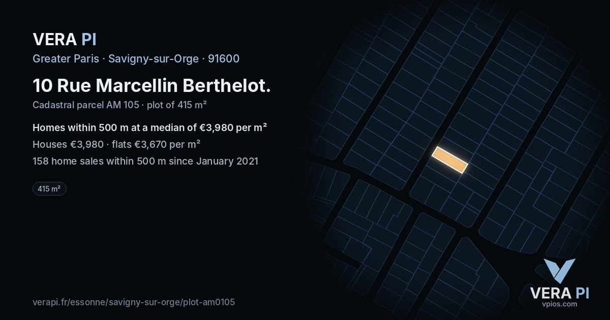 10 Rue Marcellin Berthelot, Savigny-sur-Orge at night – the plot lit, the parcels around coloured by the prices near them