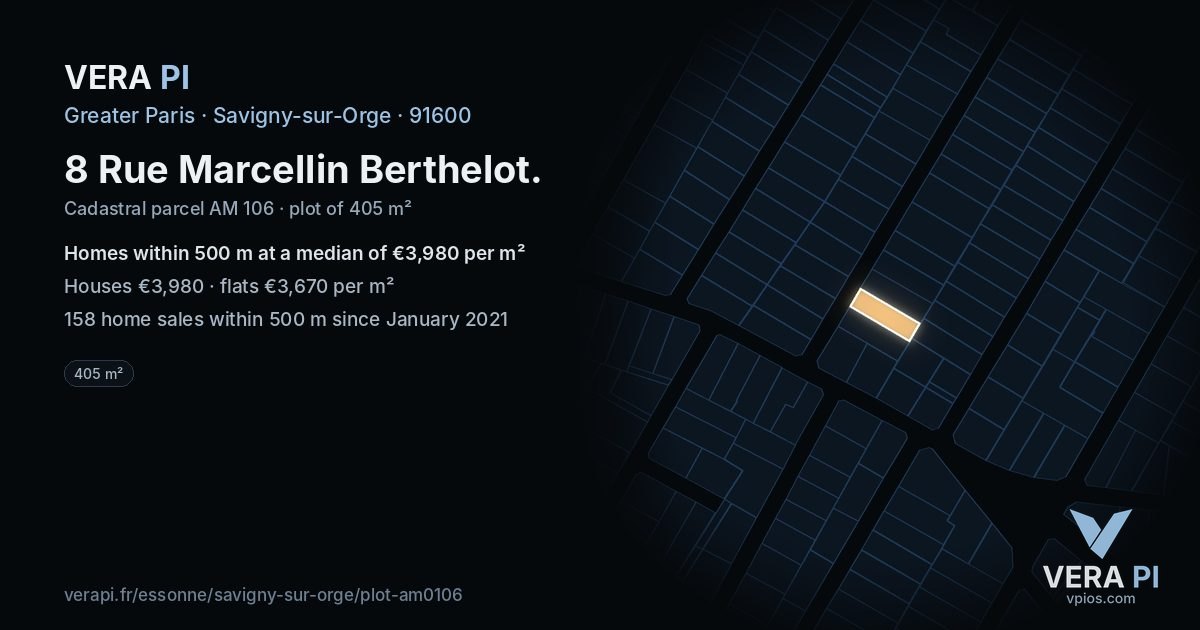 8 Rue Marcellin Berthelot, Savigny-sur-Orge at night – the plot lit, the parcels around coloured by the prices near them