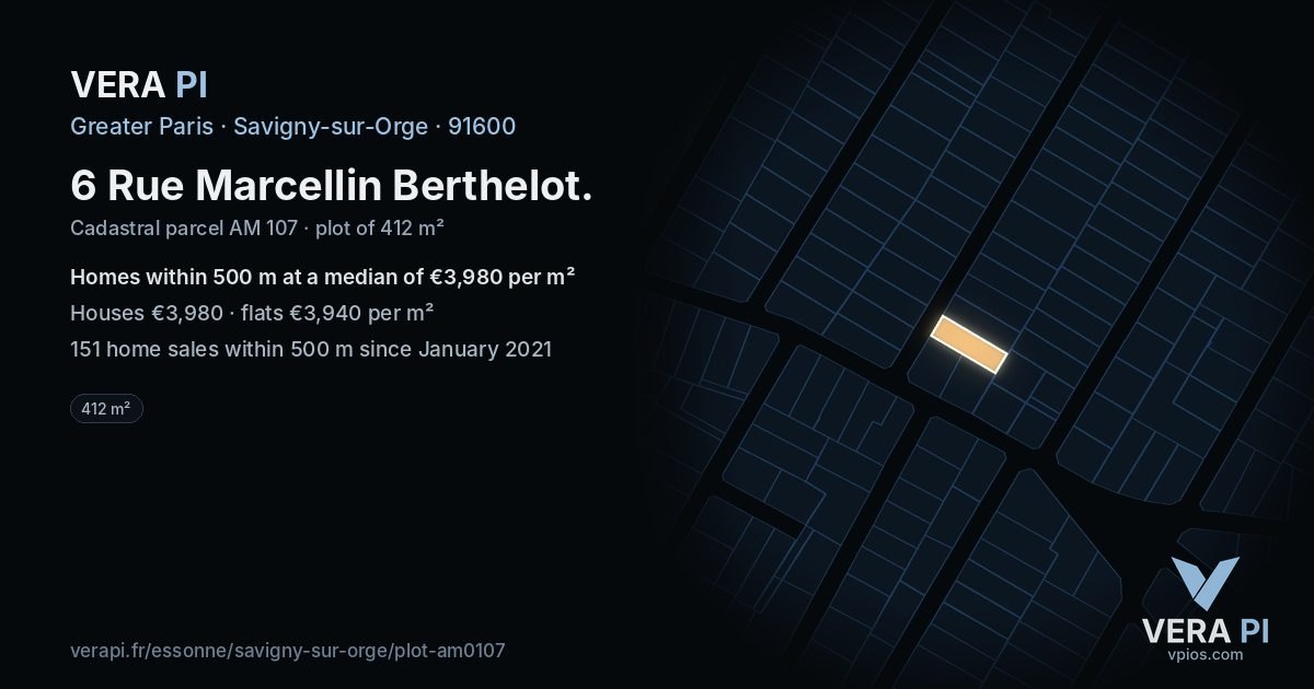 6 Rue Marcellin Berthelot, Savigny-sur-Orge at night – the plot lit, the parcels around coloured by the prices near them